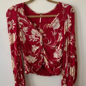 Free People Red Floral Ruched Long Sleeve Top Boho Hippie